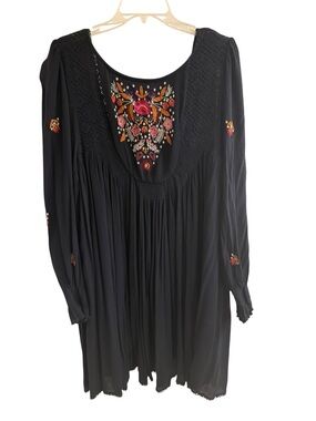 Free People Black Embroidered Boho Dress with Pink & Orange Floral Accents